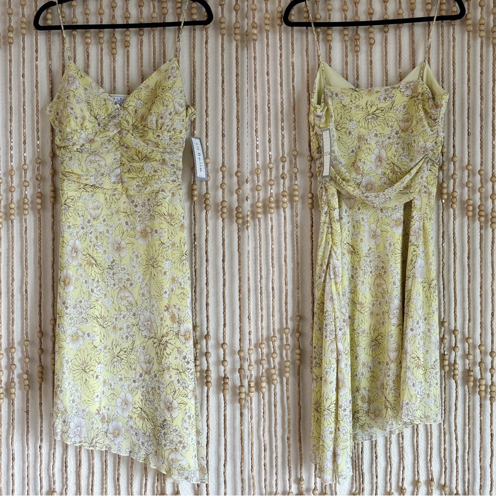 Vintage NWT 90s Yellow Floral Cottage Asymmetrical Fairy Western Ruched Dress L